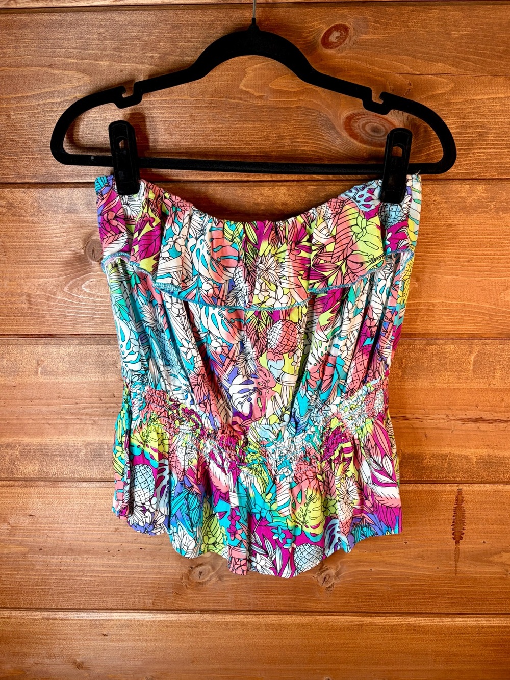 Strapless Tropical Print Ruffle Peplum Top - Multicolor